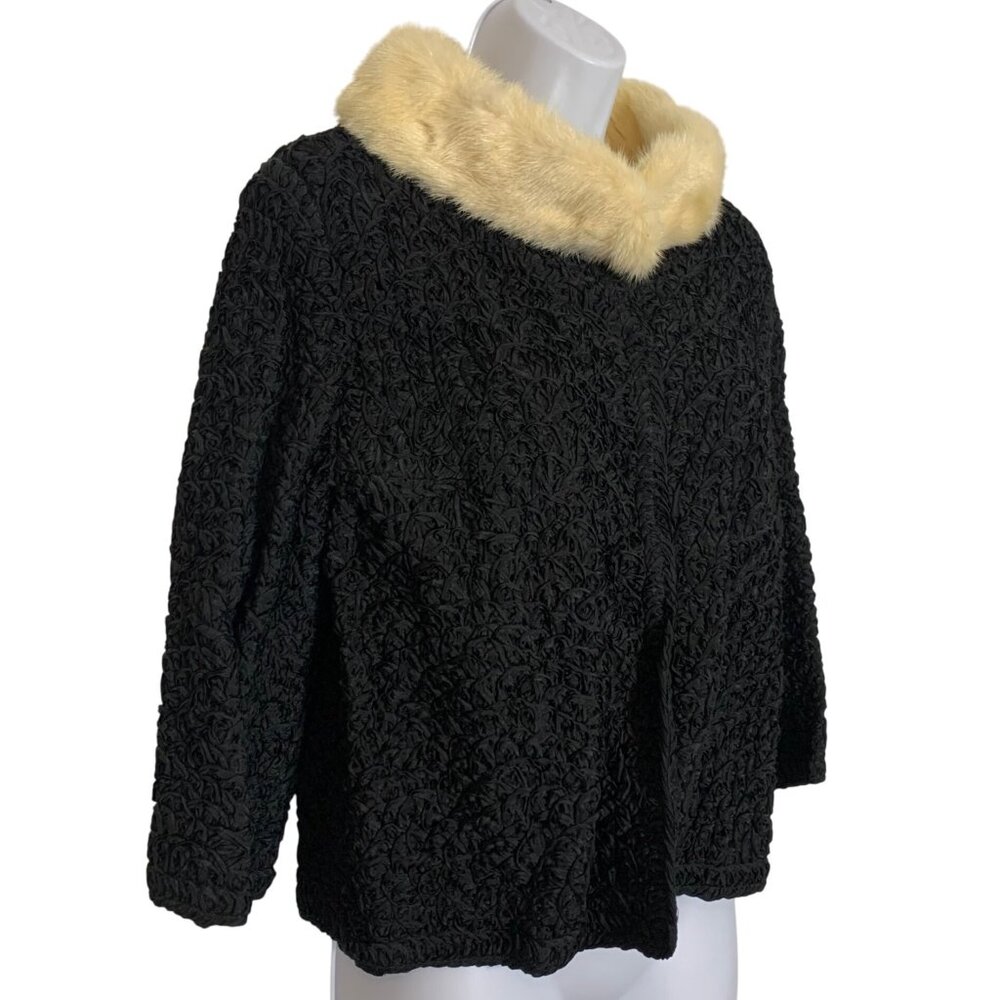 VTG Saks Fifth Avenue Black Boucle Jacket Cream Fur Collar Womens Size S/M